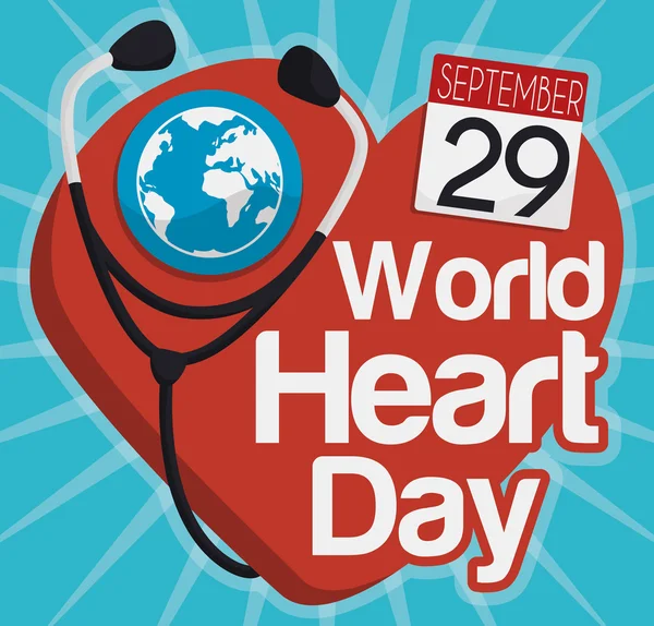Design do Dia Mundial do Coração com Estetoscópio e Lembrete de Calendário, Ilustração de Vetor —  Vetores de Stock