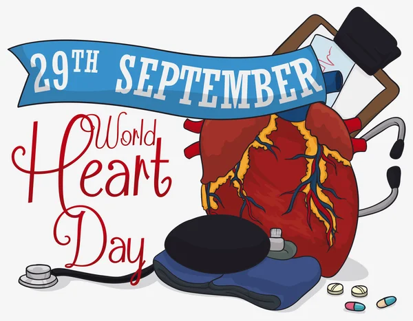 Hart met medische hulpmiddelen Heroes wereld hart dag, vectorillustratie — Stockvector
