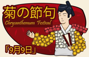 Kasımpatı Festivali, vektör çizim kutlamak için çiçek ile Japon adamın bebek