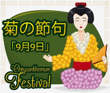 Kasımpatı Festivali, vektör çizim kutlamak için Japon kadın bebek ile poster