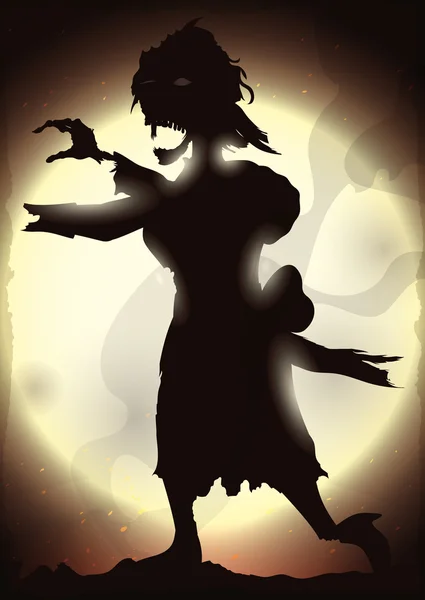 Zobrazení siluety ženské Zombie v noci Misty, vektorové ilustrace — Stockový vektor