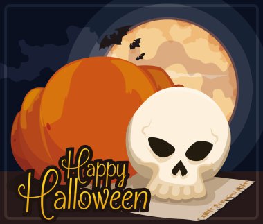 Kafatası, kabak, kaydırma ve yarasalar gece Cadılar Bayramı, vektör çizim