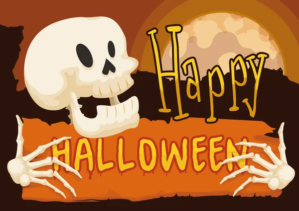 Skelett med en skylt för Halloween i fullmåne natten, vektorillustration — Stock vektor