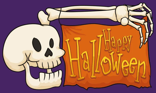 Crâne souriant tenant une bannière pour Halloween, Illustration vectorielle — Image vectorielle