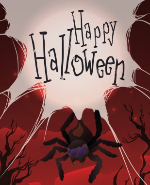 Bir kırmızı gece, Cadılar Bayramı, vektör çizim onun Web örümcek asılı