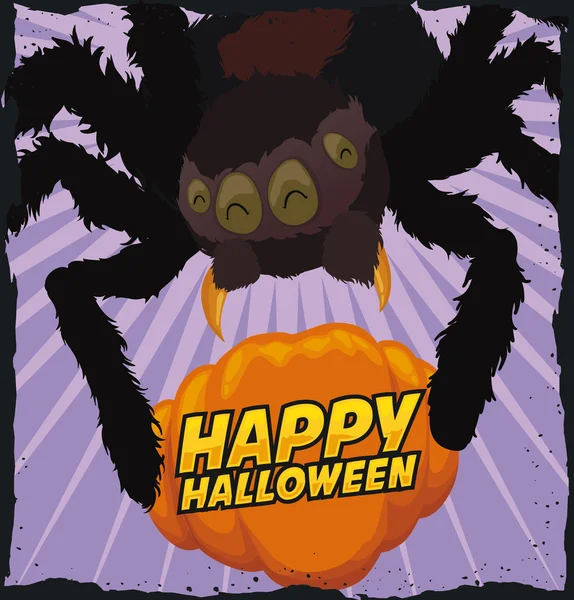 Araña divertida atrapando una calabaza para Halloween, ilustración vectorial — Vector de stock