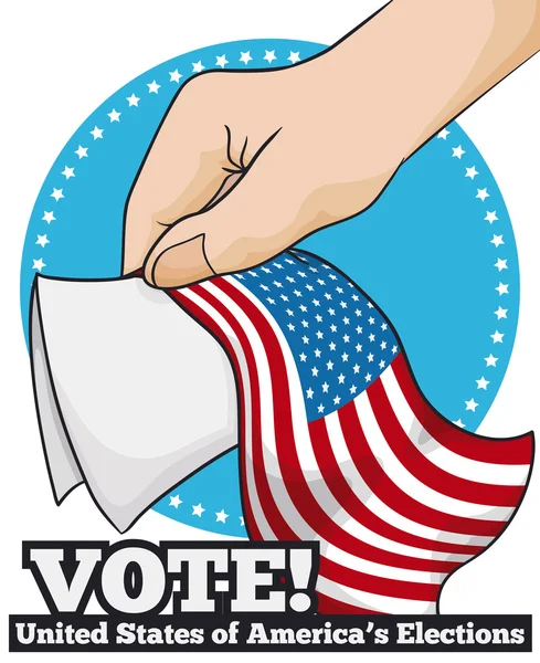 Poster with Citizen Hand with Flag Voting in American Elections, Vector Illustration — Stock Vector