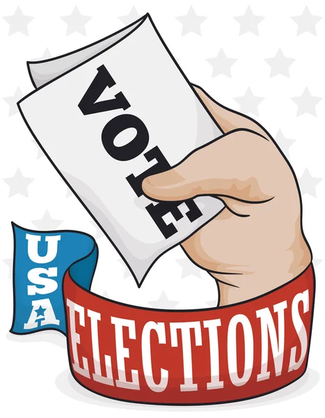 Estados Unidos Elecciones a mano con papeleta electoral detrás de una cinta, ilustración vectorial — Archivo Imágenes Vectoriales