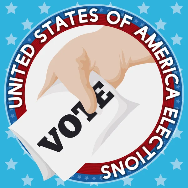 Кругла кнопка з рукою запрошує вас на наступні вибори в Америці, Векторна ілюстрація — стоковий вектор