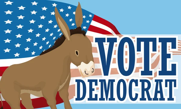 Bandeira com burro democrata sobre a bandeira americana Propaganda, ilustração vetorial —  Vetores de Stock
