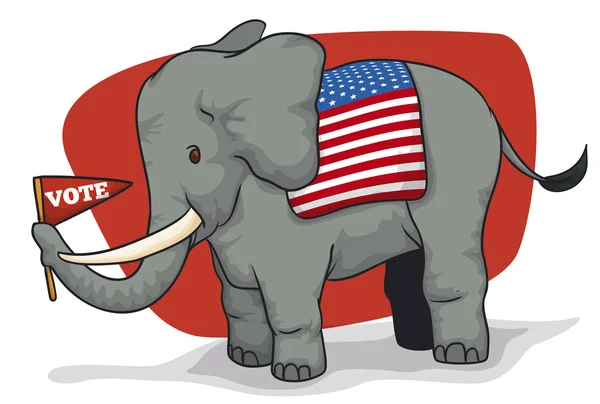 Elefante republicano lindo sosteniendo un banderín para las elecciones americanas, ilustración del vector — Vector de stock