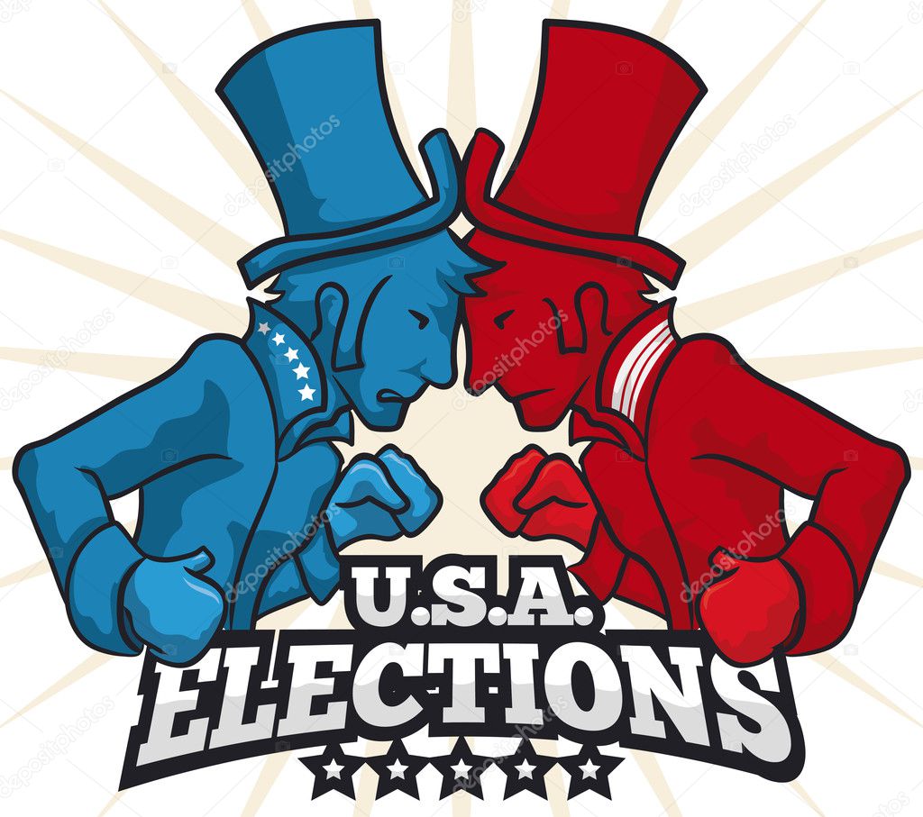 Party Contenders with Hats and Boxing Gloves in American Elections, Vector Illustration