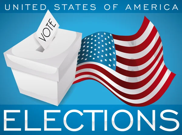 White Ballot Box and Waving American Flag Promoting U.S.A. Elections, Vector Illustration — Διανυσματικό Αρχείο