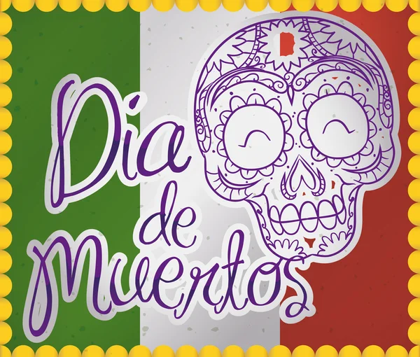 Postcard with Skull Stamp Promoting Mexican "Dia de Muertos" Celebration, Vector Illustration — Stockový vektor