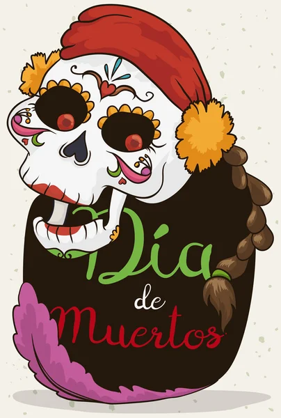 Happy Catrina lebka s COP slaví "Dia de Muertos", vektorové ilustrace — Stockový vektor