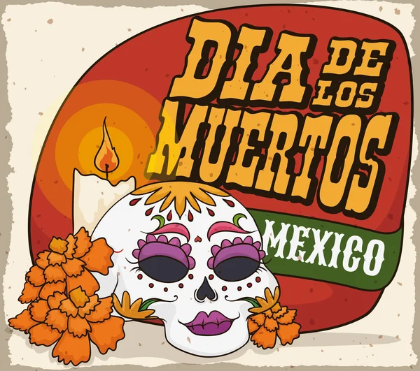 Catrina schedel met Tagetes en kaars voor "Dia de Muertos", vectorillustratie — Stockvector