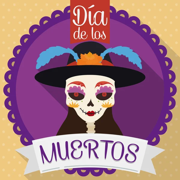 Кнопка з Катріна () для "Dia de Muertos" в плоских стилі, Векторні ілюстрації Ліцензійні Стокові Ілюстрації