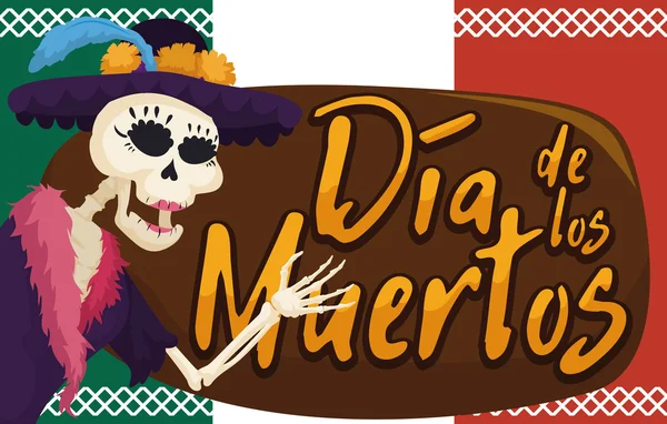 Esqueleto festivo de Catrina saludándote en "Dia de Muertos", ilustración vectorial — Archivo Imágenes Vectoriales