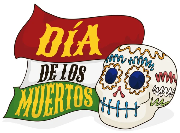 กระโหลกน้ําตาลเสนอด้วยริบบิ้นทักทายสําหรับ "Dia de Muertos," ภาพวาดเวกเตอร์ — ภาพเวกเตอร์สต็อก