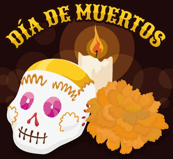 Cráneo de azúcar con vela y caléndula para "Dia de Muertos", ilustración vectorial — Vector de stock