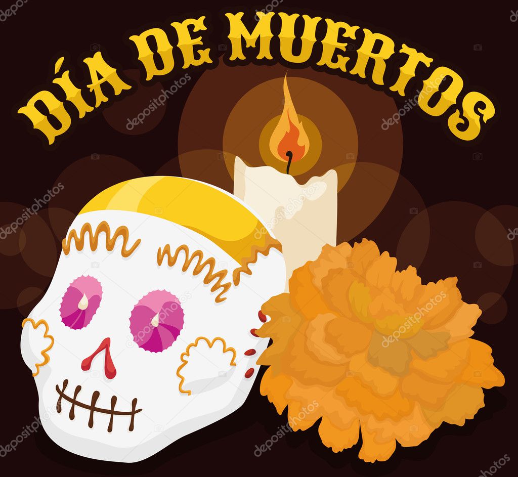 Sugar Skull with Candle and Marigold for 