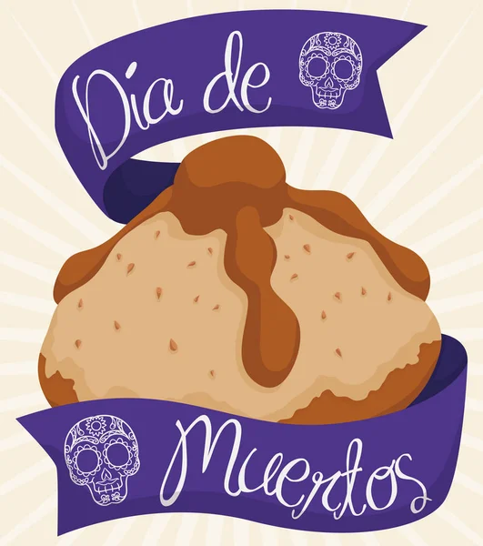 Pan Muerto con Cintas de Saludo Celebrando "Dia de Muertos", Vector Illustration — Vector de stock