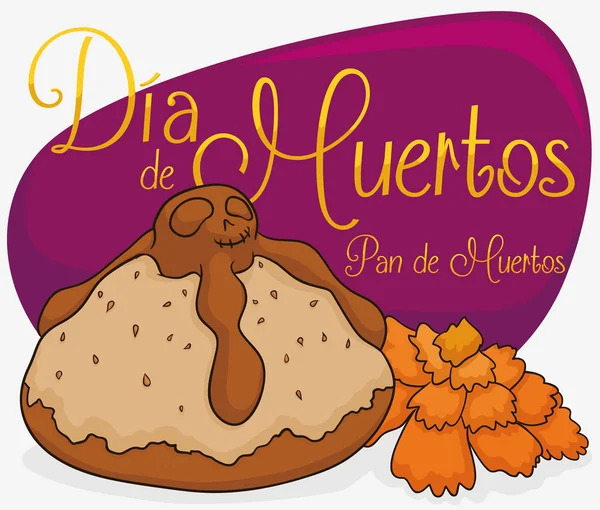 Dode brood, Goudsbloem en groet teken voor "Dia de Muertos", vectorillustratie — Stockvector