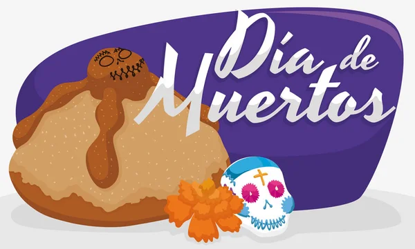 Mrtvé chléb, cukr lebky a Marigold "Dia de Muertos", vektorové ilustrace — Stockový vektor