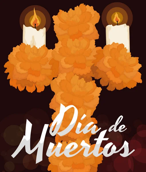Цветочный крест с цветами Мэриголд для празднования "Dia de Muertos", векторная иллюстрация — стоковый вектор