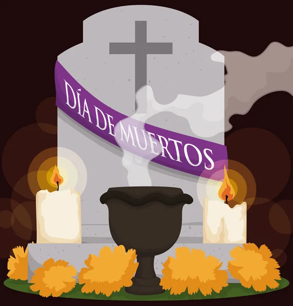 Grave with Flowers, Candle and Incense for "Dia de Muertos", Vector Illustration — Stock Vector