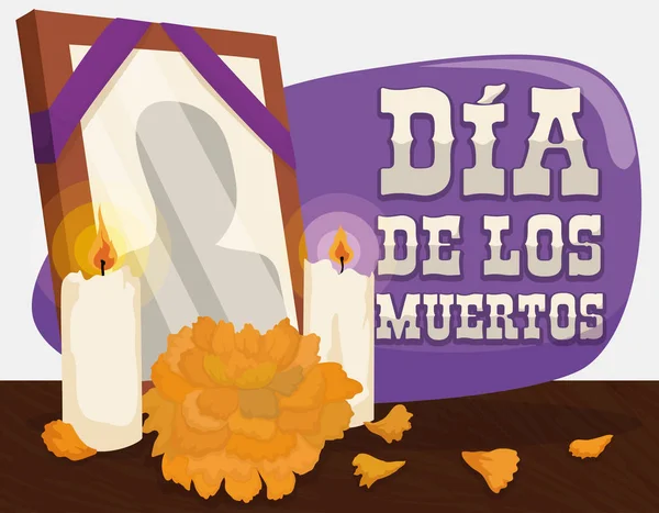 Porträtt, ringblomma och ljus: traditionella erbjudanden för "Dia de Muertos", vektorillustration — Stock vektor