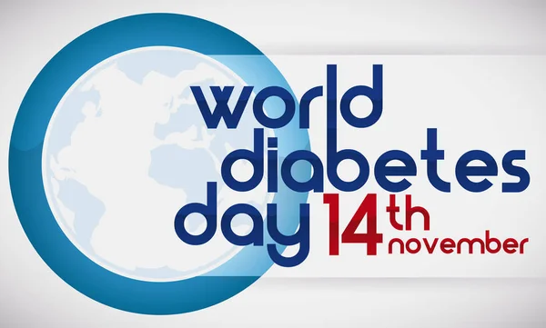 Синій коло, глобус і дата нагадування про Всесвітній день діабет, Векторні ілюстрації Ліцензійні Стокові Ілюстрації
