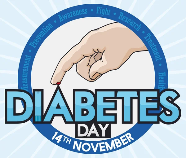 Ronde knop met Hand nemen van suiker Test voor Diabetes dag, vectorillustratie — Stockvector