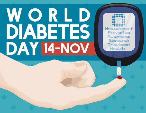 Hand with Glucometer to Test Glucose Level in Diabetes Day, Vector Illustration
