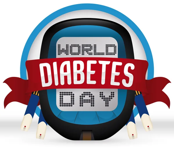 Glucomètre et bandelettes d'essai derrière un ruban commémorant la Journée du diabète, illustration vectorielle — Image vectorielle