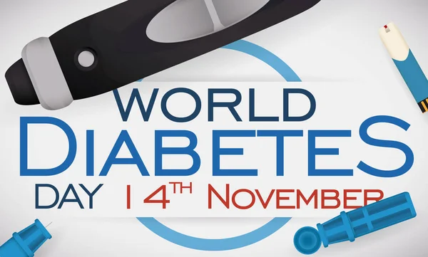 Lanceta con tira de prueba en diseño conmemorativo para el día de la diabetes, ilustración vectorial — Vector de stock