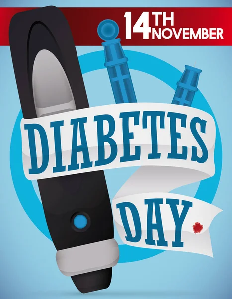 Lanceta com Peças de Reposição e Fita de Saudação para o Dia da Diabetes, Ilustração do Vetor —  Vetores de Stock