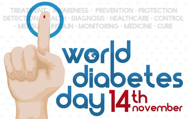 Journée du diabète avec main avec goutte de sang et date de rappel, Illustration vectorielle — Image vectorielle