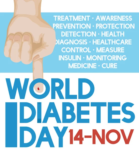 Medición manual de los niveles de glucosa con los preceptos del Día Mundial de la Diabetes, ilustración vectorial — Vector de stock