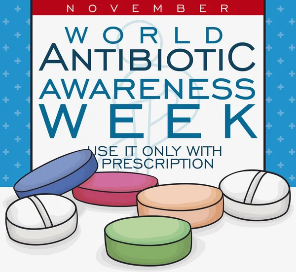 Medizinische Notiz mit einigen Antibiotika-Pillen für Antibiotikawoche, Vektorillustration — Stockvektor