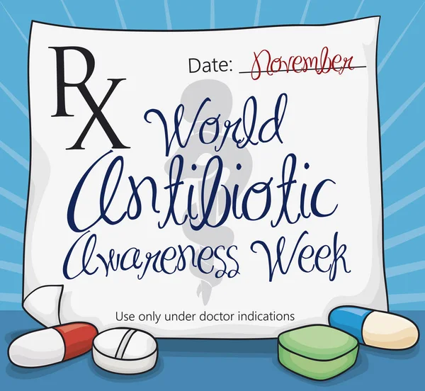 Recept med piller som hedrar minnet av värld antibiotika Awareness Week, vektorillustration — Stock vektor