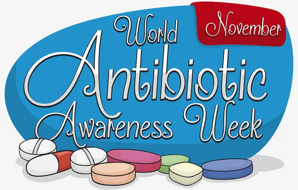 Segno commemorativo con pillole per la settimana mondiale di sensibilizzazione agli antibiotici, illustrazione vettoriale — Vettoriale Stock