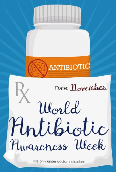 Dünya antibiyotik farkındalık Haftası, vektör çizim için tıbbi reçete ile ilaç şişesi — Stok Vektör