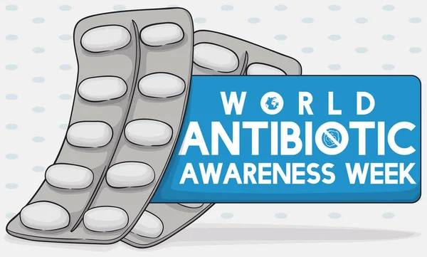 吸塑包装和标签纪念世界抗生素宣传周，矢量图 — 图库矢量图片