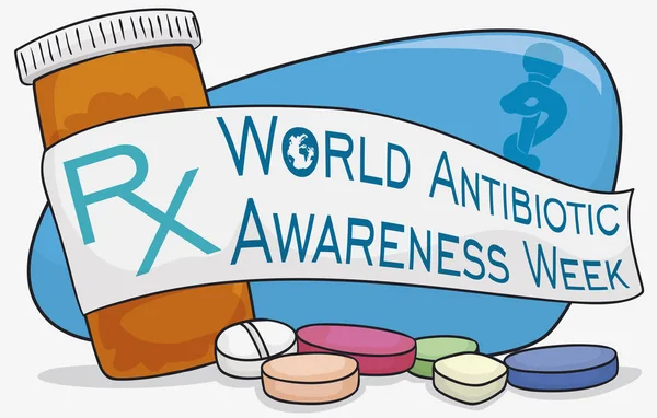 Garrafa de medicamento, comprimidos e fita para a semana mundial de conscientização de antibióticos, ilustração vetorial — Vetor de Stock