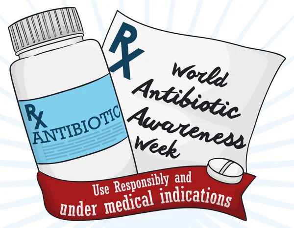 Medikamentenflasche und ärztliches Rezept anlässlich der weltweiten Woche des Antibiotikabewusstseins, Vektorillustration — Stockvektor