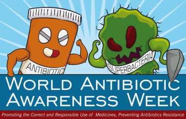 Fight Between Super Bacteria and Medicine in Antibiotic Awareness Week, Vector Illustration clipart