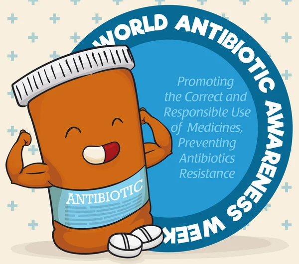 Super Medicina bottiglia personaggio celebrando la settimana mondiale della consapevolezza antibiotica, illustrazione vettoriale — Vettoriale Stock