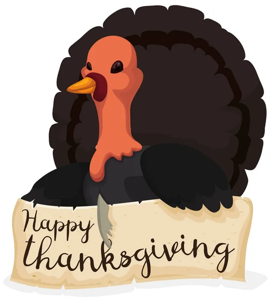 Thanksgiving Turkiet håller en hälsning rulla, vektorillustration — Stock vektor