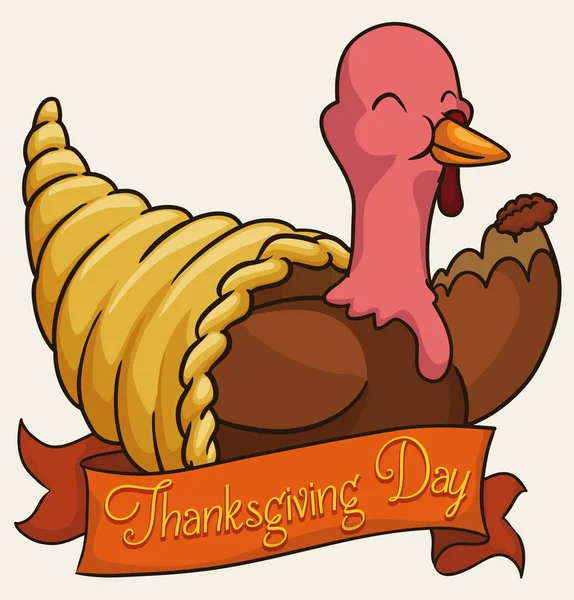 Söt Turkiet äta en Pecan nöt och firar Thanksgiving Day, vektorillustration — Stock vektor